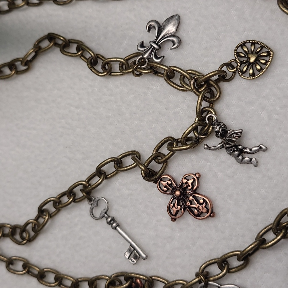 Charms Pendant Necklace 2 Strand Lock Key Fleur-de-lis Cherub Gold Silver Bronze - Picture 4 of 10